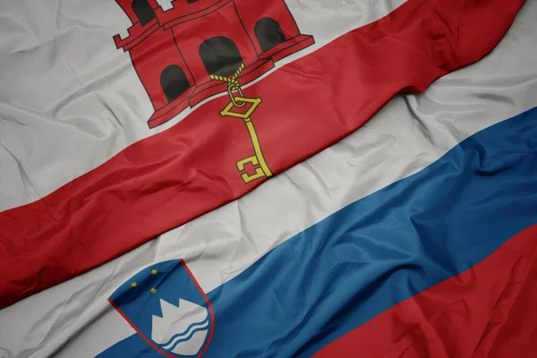 Színes Zászló Lobogtatása Slovenia Nemzeti Zászló Gibraltár Makroszintű — Stock Fotó