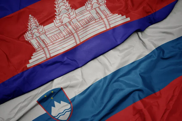 Acenando Bandeira Colorida Slovenia Bandeira Nacional Cambodia Macro — Fotografia de Stock