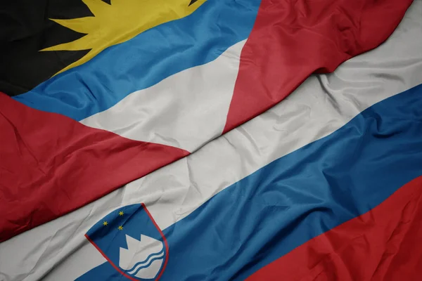 Acenando Bandeira Colorida Slovenia Bandeira Nacional Antigua Barbuda Macro — Fotografia de Stock