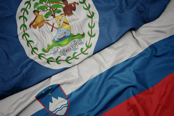 Waving Colorful Flag Slovenia National Flag Belize Macro — Stock Photo, Image