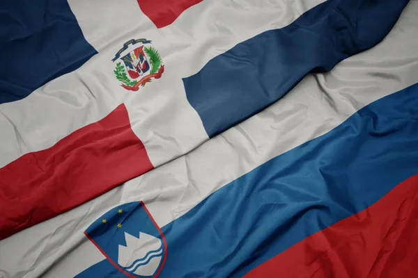 Ondulando Colorida Bandera República Dominicana Bandera Nacional Macro —  Fotos de Stock