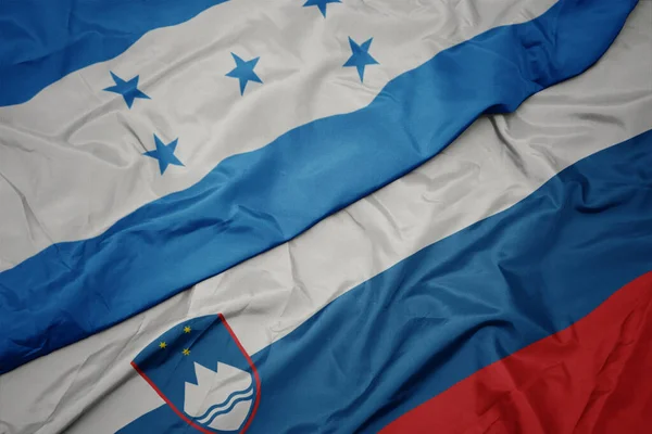 Ondulando Colorida Bandera Las Flores Bandera Nacional Las Honduras Macro — Foto de Stock