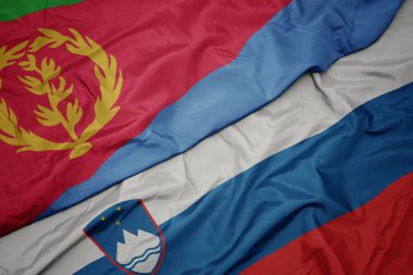 Slovenia 'nın renkli bayrağı ve eritrea' nın ulusal bayrağı sallanıyor. makro