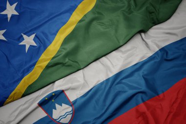 Solomon Adaları 'nın renkli bayrağını ve ulusal bayrağını sallıyordu. makro