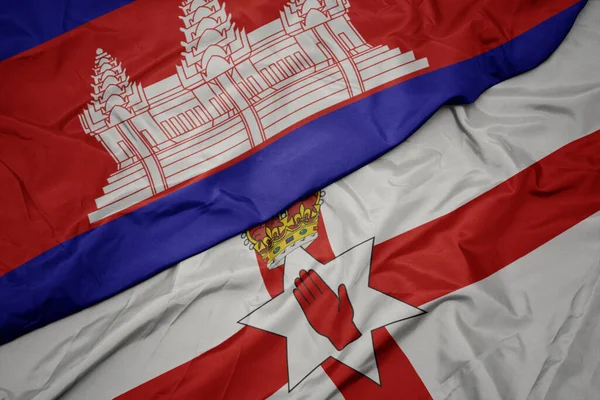 Acenando Bandeira Colorida Irlanda Norte Bandeira Nacional Cambodia Macro — Fotografia de Stock