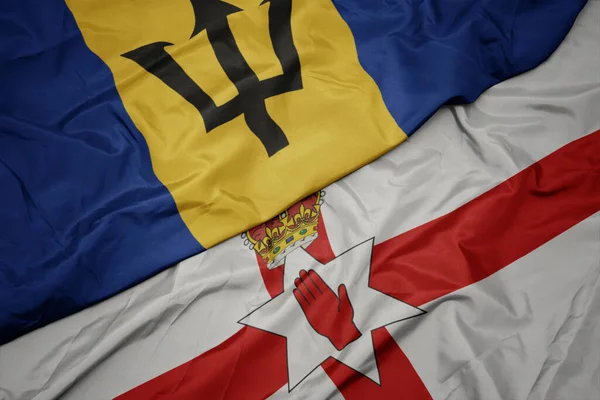Észak Írország Színes Zászlaját Lobogtatva Barbados Nemzeti Zászlaját Lobogtatva Makroszintű — Stock Fotó