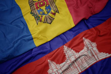 Kamboçya 'nın renkli bayrağı ve Moldova' nın ulusal bayrağı sallanıyor. makro
