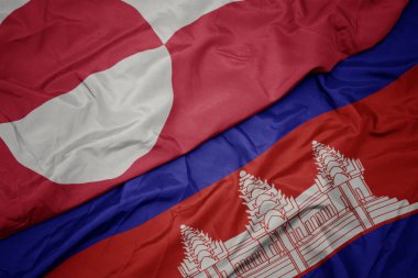 Kamboçya 'nın renkli bayrağını sallıyor ve Greenland' in ulusal bayrağını sallıyordu. makro