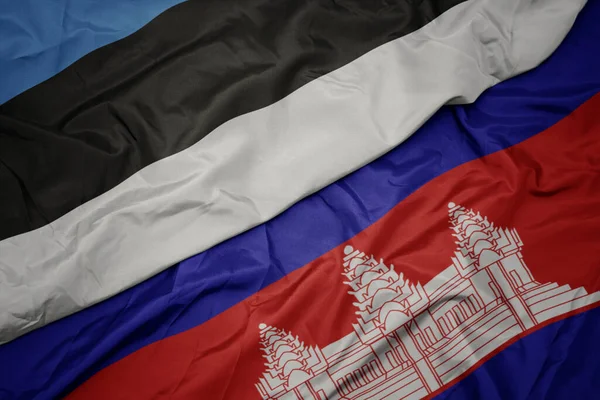 Acenando Bandeira Colorida Cambodia Bandeira Nacional Estônia Macro — Fotografia de Stock