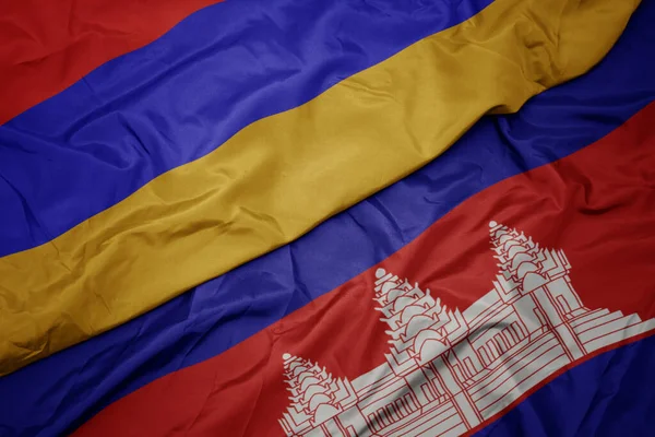 Acenando Bandeira Colorida Cambodia Bandeira Nacional Armenia Macro — Fotografia de Stock