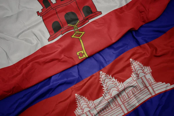 Acenando Bandeira Colorida Cambodia Bandeira Nacional Gibraltar Macro — Fotografia de Stock