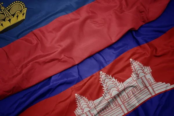Ondeando Colorida Bandera Camboya Bandera Nacional Liechtenstein Macro —  Fotos de Stock