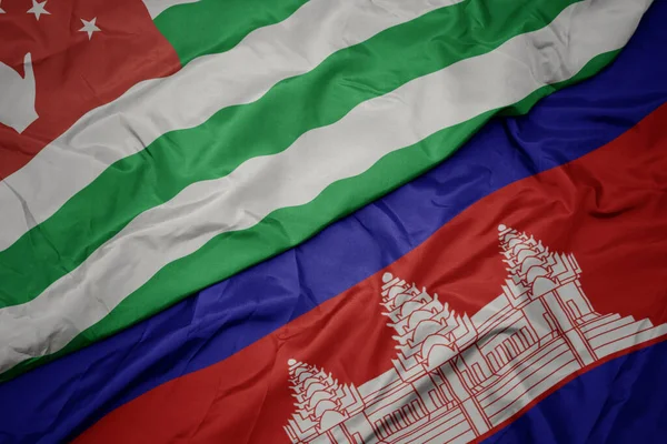 Acenando Bandeira Colorida Cambodia Bandeira Nacional Abcásia Macro — Fotografia de Stock