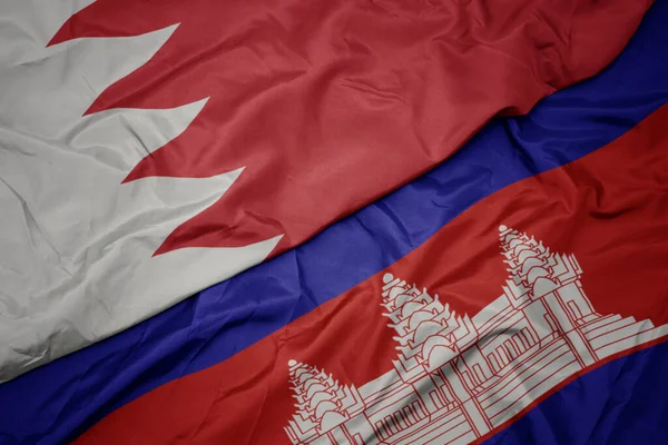 Acenando Bandeira Colorida Cambodia Bandeira Nacional Bahrein Macro — Fotografia de Stock