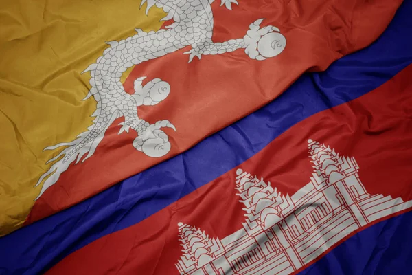 Acenando Bandeira Colorida Cambodia Bandeira Nacional Butão Macro — Fotografia de Stock