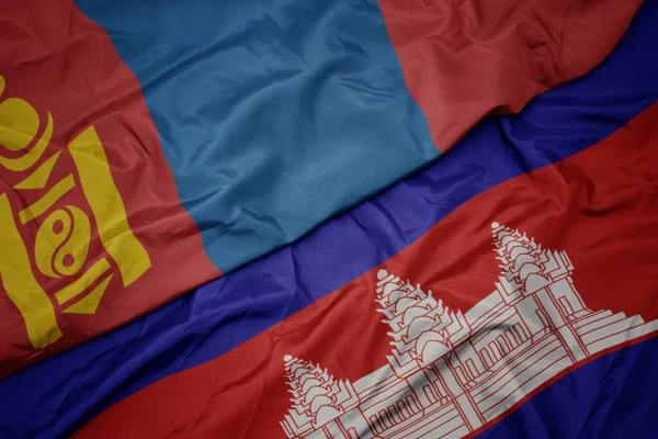 Acenando Bandeira Colorida Cambodia Bandeira Nacional Mongólia Macro — Fotografia de Stock