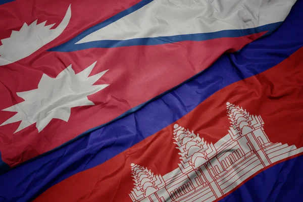 Ondeando Colorida Bandera Cambodia Bandera Nacional Nepal Macro —  Fotos de Stock