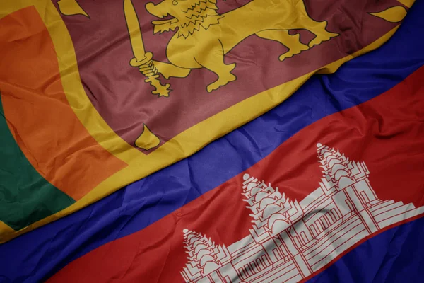 Acenando Bandeira Colorida Cambodia Bandeira Nacional Sri Lanka Macro — Fotografia de Stock