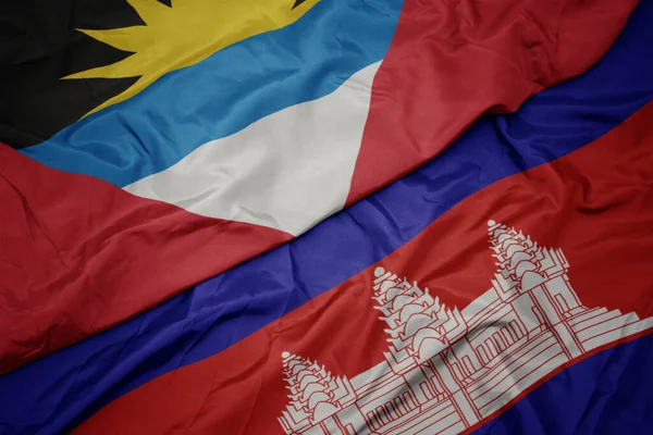 Acenando Bandeira Colorida Cambodia Bandeira Nacional Antigua Barbuda Macro — Fotografia de Stock