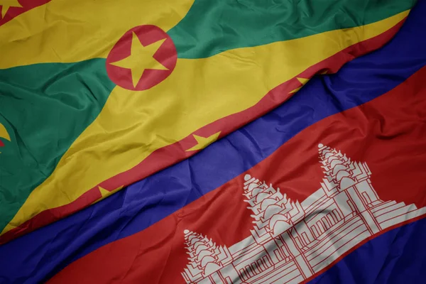 Размахивая Красочным Флагом Камбоджи Национальным Флагом Гренады Macro — стоковое фото