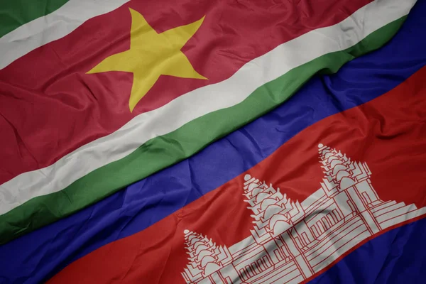 Sventolando Bandiera Colorata Cambogia Bandiera Nazionale Suriname Macro — Foto Stock