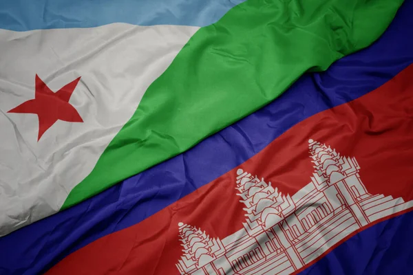 Viftande Färgglada Flagga Kambodja Och Nationell Flagga Djibouti Makro — Stockfoto