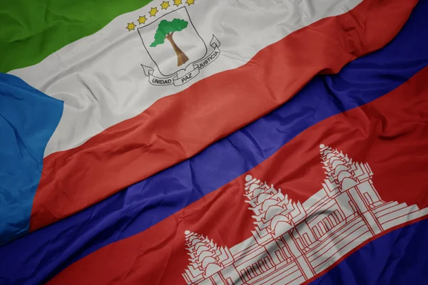 Acenando Bandeira Colorida Cambodia Bandeira Nacional Guiné Equatorial Macro — Fotografia de Stock