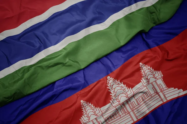 Ondeando Colorida Bandera Camboya Bandera Nacional Gambia Macro —  Fotos de Stock