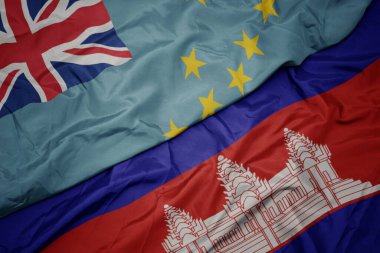 Kamboçya 'nın renkli bayrağı ve Tuvalu' nun ulusal bayrağı sallanıyor. makro