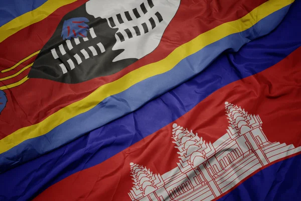 Ondeando Colorida Bandera Camboya Bandera Nacional Swazilandia Macro —  Fotos de Stock