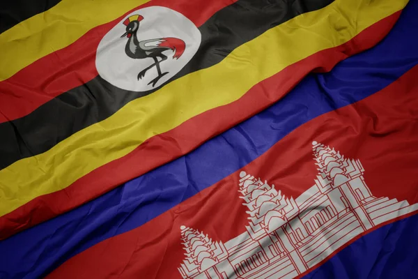 Acenando Com Bandeira Colorida Cambodia Bandeira Nacional Uganda Macro — Fotografia de Stock