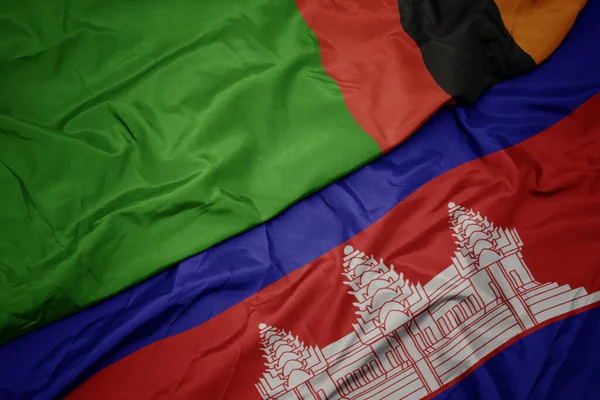 Ondeando Colorida Bandera Camboya Bandera Nacional Zambia Macro —  Fotos de Stock