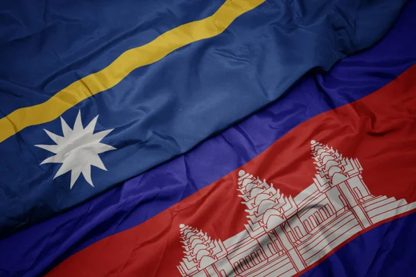 Acenando Bandeira Colorida Cambodia Bandeira Nacional Nauru Macro — Fotografia de Stock