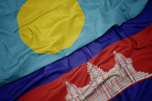 Waving Colorful Flag Cambodia National Flag Palau Macro — Stock Photo, Image