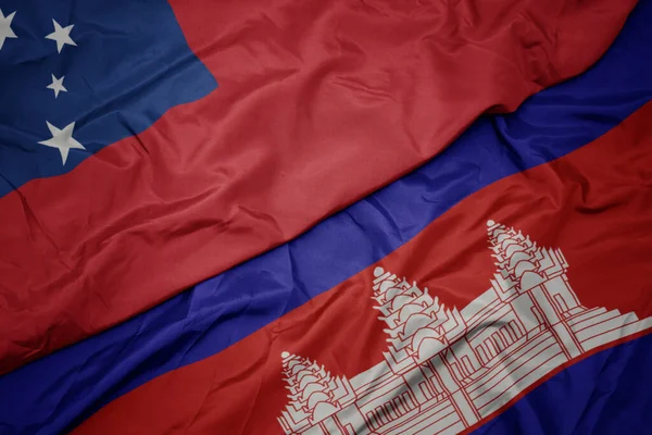 Acenando Bandeira Colorida Cambodia Bandeira Nacional Samoa Macro — Fotografia de Stock