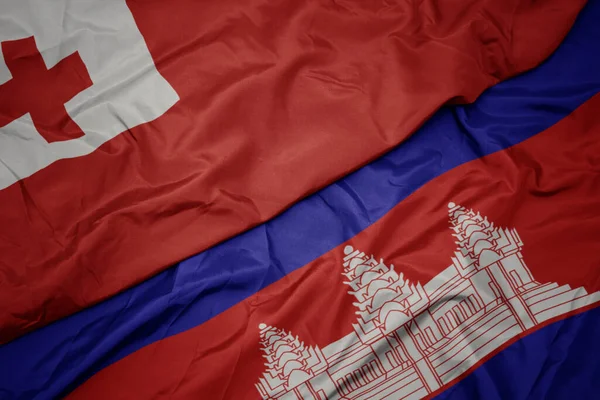 Acenando Bandeira Colorida Cambodia Bandeira Nacional Tonga Macro — Fotografia de Stock