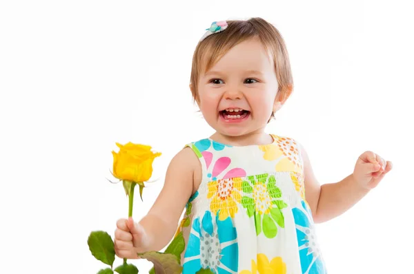 Little cute girl with beautiful yellow rose, romantic gift — Stock Photo, Image