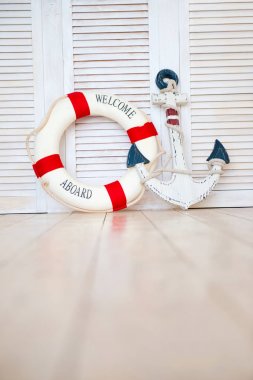 Deniz tarzı dekor seyahat, çapa ve lifebuoy, fener