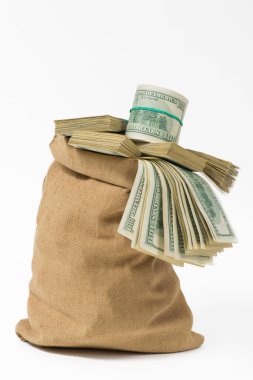 Çantadaki para beyaz bir arkaplanda izole edilmiş.