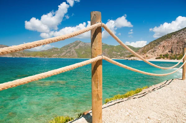 Banister railing on marine rope and wood Moraira Mediterranean sea — Stock Photo, Image