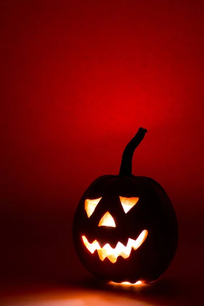 Halloween pompoen, grappige gezicht op rode achtergrond — Stockfoto