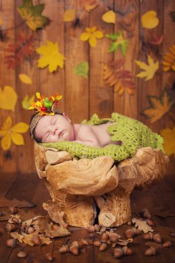 Bir çelenk bir güdük ve yawns koniler ve çilek yalanların içinde oldukça yeni doğan bir bebek.