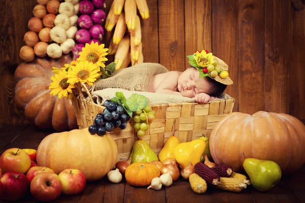 ทารกแรกเกิดที่น่ารักในพวงมาลัยของผลเบอร์รี่และผลไม้นอนอยู่ในตะกร้า การเก็บเกี่ยวฤดูใบไม้ร่วง . — ภาพถ่ายสต็อก