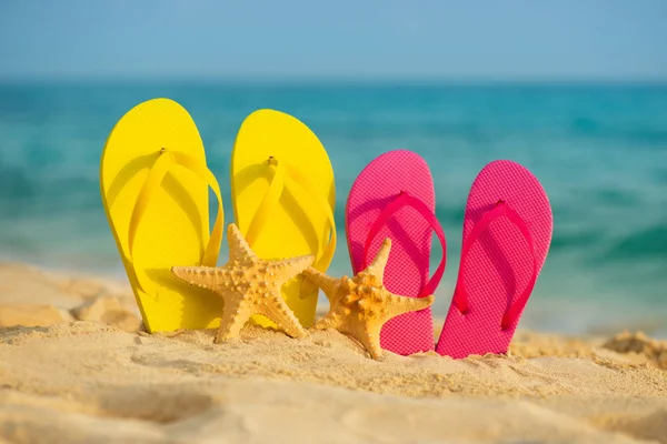 Arka planı deniz kum deniz-yıldız sarı ve pembe sandalet ile stand.