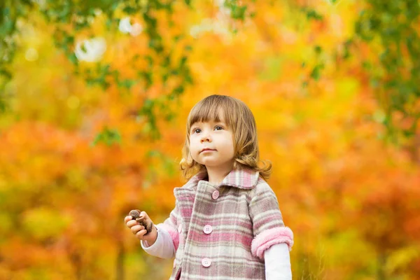Happy little child, baby girl laughing and playing in the autumn on the nature walk outdoors — Stock Photo, Image