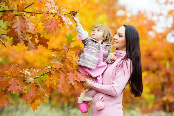 A little girl pulls the acorns off the tree. Mom and daughter are playing in the autumn park. — Stock Photo, Image
