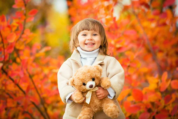 Malá holčička s plyšovým medvědem v ruce na pozadí podzimního listí. Podzimní čas. — Stock fotografie