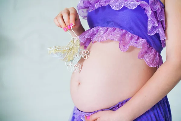 Een gelukkig zwangere vrouw in een paarse lange rok vormt in de studio tegen een achtergrond van bloemen — Stockfoto