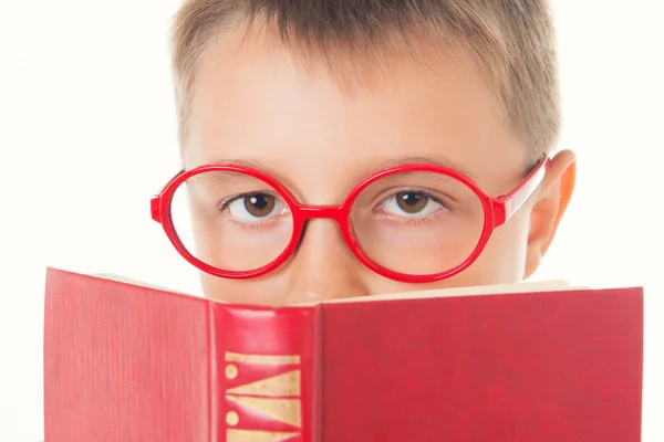 Ragazzo che legge un libro assetato di conoscenza isolato su uno sfondo bianco — Foto Stock