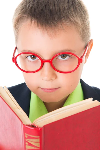 Ragazzo che legge un libro assetato di conoscenza isolato su uno sfondo bianco — Foto Stock